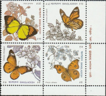 THEMATIC FAUNA&FLORA:  BUTTERFLIES ON FLOWERS.   CORNER BLOCK OF 4     -   BANGLADESH - Vlinders