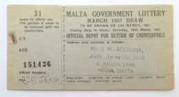 Malta Government Lottery Marzo 1957 - Libretto Completo - Billets De Loterie