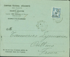 Comptoir National D'escompte De Paris Agence D'Alexandrie  YT Mouchon N°71 Alexandrie 50c Surchargé 15 Millièmes - Covers & Documents