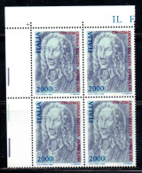 ITALIA REPUBLIC ITALY REPUBLIC 1986 GIOVAN BATTISTA PERGOLESI MUSICISTA QUARTINA ANGOLO DI FOGLIO BLOCK MNH - 1981-90:  Nuovi