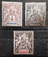 REUNION 1892 Type Groupe,  3 Timbres Yvert No 34,36,39, 4 C , 10 C ,25 C , Neufs * MH TB - Ungebraucht