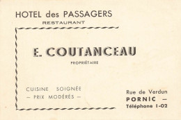 Pornic * Hôtel Des Passagers Restaurant E. COUTANCEAU Rue De Verdun Tel 1-02 * Carte De Visite Ancienne - Pornic