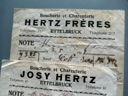 Factures Anciennes ETTELBRUCK Josy HERTZ Luxembourg 1925 1926 Judaica Boucher Boucherie Metzger Ww2 - Luxemburg