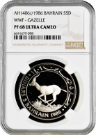 Bahrain 5 Dinars 1986, NGC PF68 UC, "World Wildlife Fund - Gazelle" - Bahrain