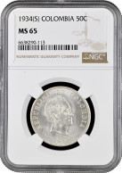 Colombia 50 Centavos 1934 (S), NGC MS65, "President Simon Bolivar (1819 - 1830)" - Colombia