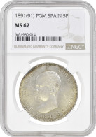 Spain 5 Pesetas 1891 PGM, NGC MS62, "King Alfonso XIII (1886 - 1931)" - Other & Unclassified