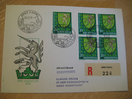 CADRO 1979 To Dubendorf Cadro Pro Juventute Stamp + Block Of 4 Registered Cancel Cover SWITZERLAND - Covers & Documents