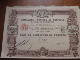 ARGENTINE - Cie FONCIERE & AGRICOLE DU NORD DE L'ARGENTINE - PART DE FONDATEUR - PARIS 1912 - IMPRIMERIE RICHARD - Autres & Non Classés
