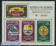 Colombia 1960 150 Years Independence S/s, Mint NH, History - Various - Coat Of Arms - Flags - Money On Stamps - Monnaies