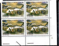 ITALIA REPUBBLICA ITALY REPUBLIC 1986 BATTAGLIA DI BEZZECCA QUARTINA ANGOLO DI FOGLIO BLOCK MNH - 1981-90: Nieuw/plakker