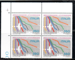 ITALIA REPUBBLICA ITALY REPUBLIC 1986 I MEZZI DI COMUNICAZIONE LE TELECOMUNICAZIONI QUARTINA ANGOLO DI FOGLIO  BLOCK MNH - 1981-90:  Nuovi