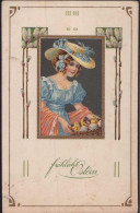 Gest. Ostern Feine Dame Küken Prägekarte 1920 - Pasen