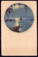 Postcard - Illustration - Boats In Night View - Houseboats