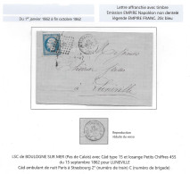 Lettre LSC 1862 Empire Napoleon ND 20c Bleu BOULOGNE MER Pas Calais Tàd Type 15 PC 455  > LUNEVILLE Ambulant Nuit - 1862 Napoleon III