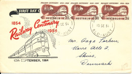 Australia FDC 13-9-1954 Railway Centenary In A Strip Of 3 With Cachet Sent To Denmark - Ersttagsbelege (FDC)