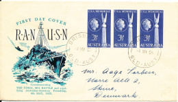 Australia FDC 4-5-1955 Australian & American Friendship In A Strip Of 3 With Cachet Sent To Denmark - FDC