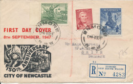 Australia Registered FDC 8-9-1947 City Of Newcastle 150th. Anniversary Set Of 3 Sent To Denmark Hinged Marks On The Back - FDC