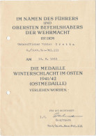 Verleihungsurkunde Ostmedaille 1942 - Unclassified