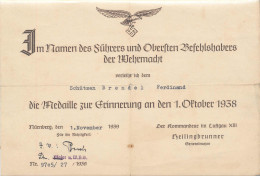 Verleihungsurkunde Medaille Zur Erinnerung An Den 1. Oktober 1938, 4-fach Gefaltet - Zonder Classificatie