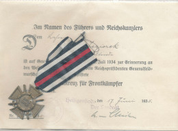 Ehrenkreuz Für Frontkämpfer Mit Urkunde 1935 - Other & Unclassified
