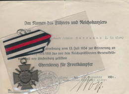 Ehrenkreuz Für Frontkämpfer Und Verleihungsurkunde Alzey 1934 - Andere & Zonder Classificatie