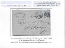 Lettre LSC 1869 Empire Lauré Napoleon 20c Bleu VARIETE Tache Impureté Dans Légende Basse POSTES VIENNE Isère GC 4199 - 1863-1870 Napoléon III. Laure