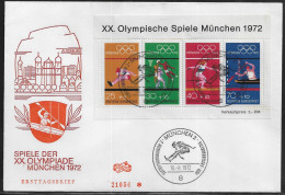 Germany. FDC Mi. BL8.  Summer Olympic Games 1972 - Munich.  Souvenir Sheet.  FDC Cancellation On Cachet Special Envelope - 1971-1980