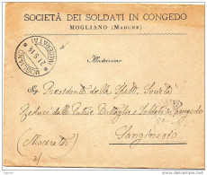 1914 LETTERA  INTESTATA SOCIETÀ DEI SOLDATI IN CONCEDO ' CON ANNULLO MOGLIANO MACERATA - Storia Postale