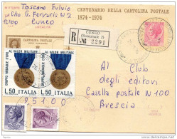 1974 CARTOLINA RACCOMANDATA CON ANNULLO CUNEO 2 - 1971-80: Marcophilia