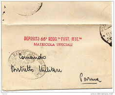 1942 LETTERA CON ANNULLO PIACENZA  DEPOSITO 66° REGGIMENTO FANTERIA - Storia Postale