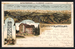 Lithographie Badenweiler, Alpenpanorama Und Hotel Hochbaluen Mit Aussichtsturm  - Badenweiler