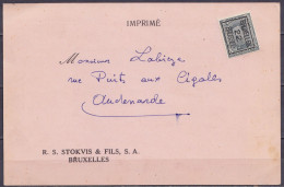 Imprimé Carte Publicitaire "Nettoyeur De Pare-brises Stokvis & Fils" Affr. PREO 3c Gris (N°183) Surch. [BRUXELLES /22/ B - Typo Precancels 1922-26 (Albert I)