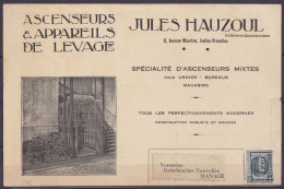 Imprimé Carte Publicitaire "Ascenseurs J. Hauzoul Ixelles" Affr. PREO 5c Gris (N°193) Surch. [BRUXELLES /1927/ BRUSSEL]  - Tipo 1922-31 (Houyoux)