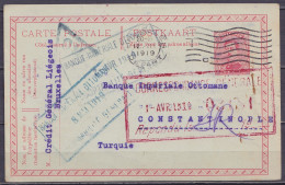 EP CP 10c Rouge (type N°138) Flam. "BRUXELLES /12.III 1919/ DEPART" Pour CONSTANTINOPLE Turquie - Cachet Censure Et Dive - 1915-1920 Albert I.