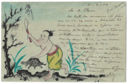 ASIE TONKIN ANNAM INDO-CHINE DESSIN PEINT A LA MAIN UN CHASSEUR DE TORTUE 1904 CPA ENTIER POSTAL 2 SCANS - Viêt-Nam