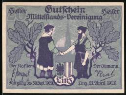 Notgeld Linz 1920, 20 Heller, Zwei Männer Reichen Sich Die Hände, Eichenblatt Und Wappen, Gutschein  - Austria