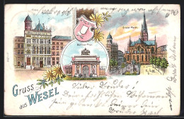 Lithographie Wesel / Rhein, Grosser Markt, Berliner Thor, Rathaus Und Wappen  - Wesel