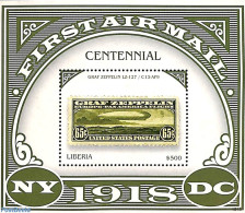 Liberia 2018 Airmail Centenary S/s, Mint NH, Transport - Stamps On Stamps - Zeppelins - Postzegels Op Postzegels
