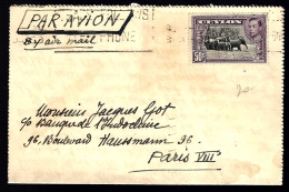 CEYLON - CARTE LETTRE PAR AVION - POUR PARIS - 1939 - - Ceylon (...-1947)