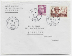 GANDON 10FR VIOLET +8FR LECLERC LETTRE COVER BOURGES 15.6.1953 POUR LE CANADA TARIF RELATIONS - 1945-54 Maríanne De Gandon