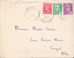 AFFRANCHISSEMENT COMPOSE SUR LETTRE DE THIONNE  ALLIER 1949 - Tarifas Postales