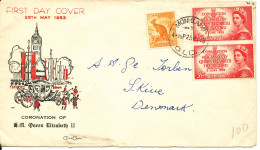 Australia FDC 25-5-1953 Coronation Stamps In Pair With Cachet Uprated And Sent To Denmark - Sobre Primer Día (FDC)