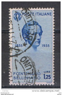 REGNO  VARIETA':  1935  BELLINI  -  £. 1,25  AZZURRO  US. -  CORONA  DX. -  C.E.I. 387 A - Oblitérés
