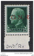 R.S.I.  VARIETA':  1944  SOPRASTAMPATO  -  25 C. VERDE  N. - SENZA  PUNTO  DOPO  LA  R  -  SASS. 474 IHC - Mint/hinged