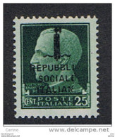 R.S.I.  VARIETA':  1944  SOPRASTAMPATO -  25 C. VERDE  N. -  SOPRASTAMPA  INCOMPLETA  A  DX.  -  SASS. 491 Ma - Ungebraucht