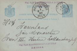 Briefkaart Firmastempel 21 Jan 1887 Leiden (kleinrond) Naar Wenen Weissgarber - Storia Postale