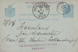 Briefkaart Firmastempel 21 Jan 1887 Leiden (kleinrond) Naar Wenen Weissgarber - Poststempels/ Marcofilie