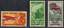 French India 1949 Bas-relief Figure Of Goddess, Wing And Temple And Bird Over Palms Air Post 3V MNH (Fair Condition) - Nuevos