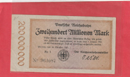 DEUTSCHE REICHSBAHN  .  200.000.000 MARK  .  10 OKTOBER 1923  .  N°  964087 - [15] Commemoratives & Special Issues
