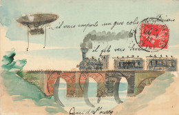 Stamps * CPA à Système De Collage De Timbres !* Train Locomotive Ligne Chemin De Fer Ballon Dirigeable Zeppelin Aviation - Timbres (représentations)